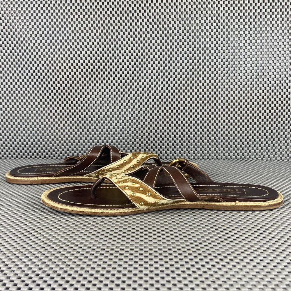 Vintage Prada Sandals Womens 37.5 Brown Leather Thong Sandals Made in Italy - Picture 5 of 12
